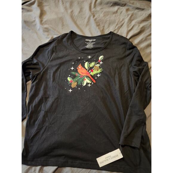 Rebecca Malone Top Women's 2XL Black Christmas Cardinal Cotton Shirt Pullover NW - Picture 1 of 7